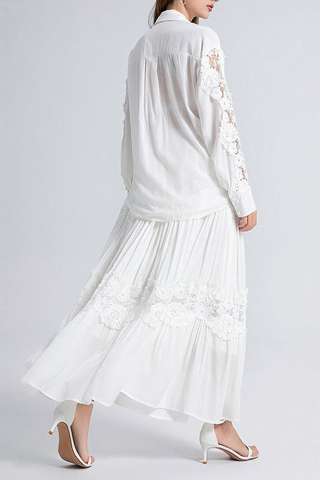 HOLLOW LACE MIDI DRESS WITH FLAPPED SPLICING IN WHITE