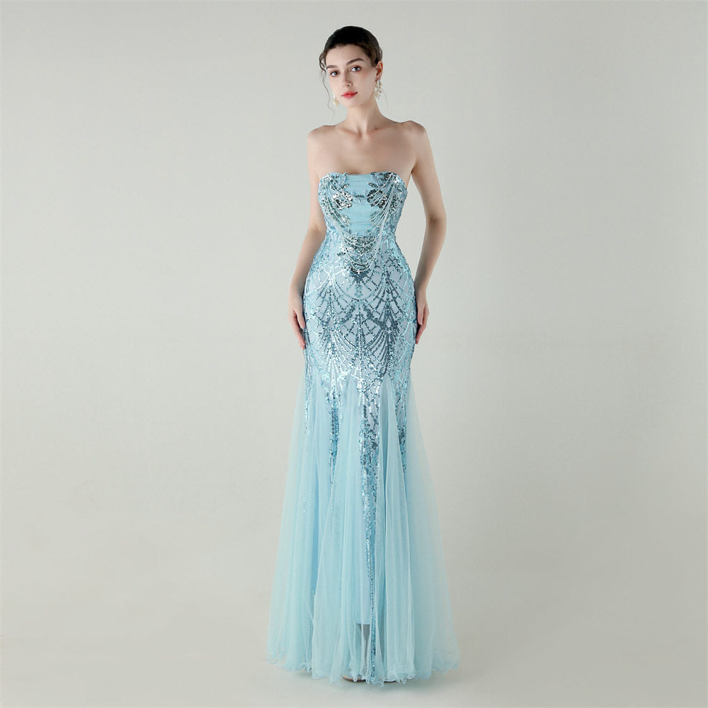 SEQUIN STRAPLESS TULLE MAXI DRESS FOR PARTY