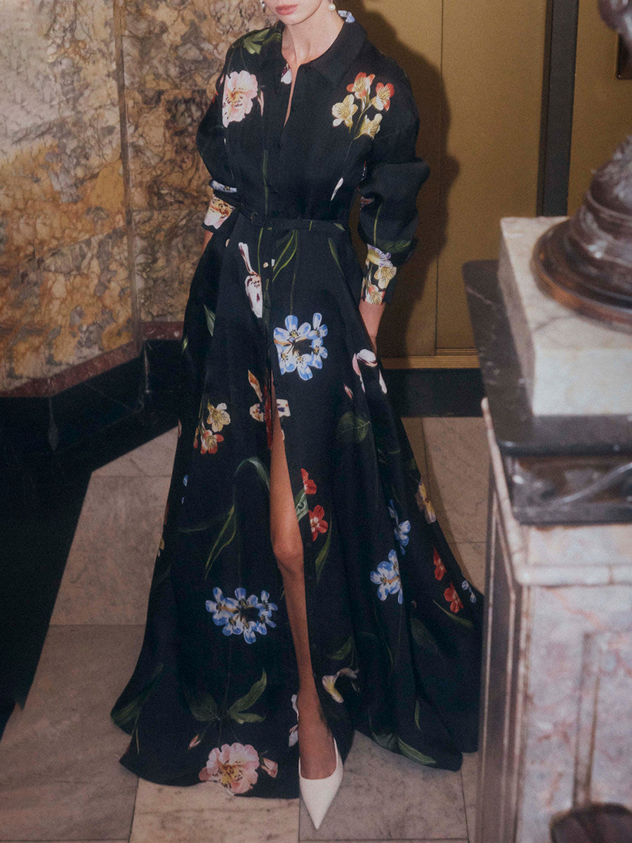 BLACK FLORAL BELTED SHIRT MAXI DRESS WITH SLIT