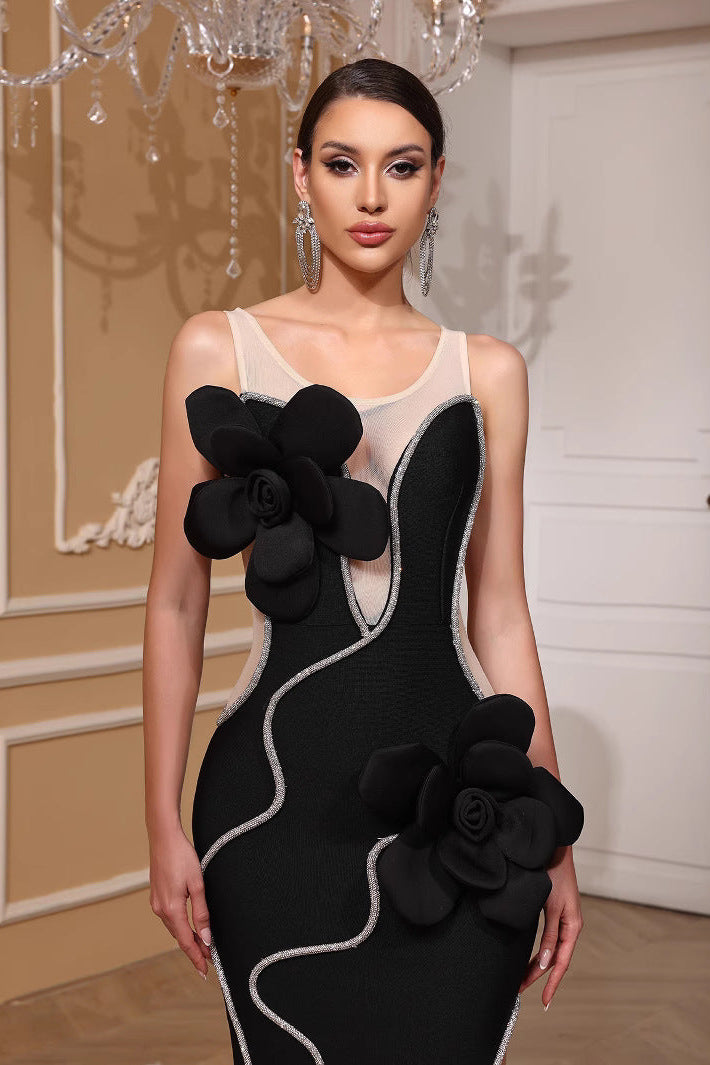 GLITTERING 3D FLOWER BANDAGE MAXI DRESS, BLACK