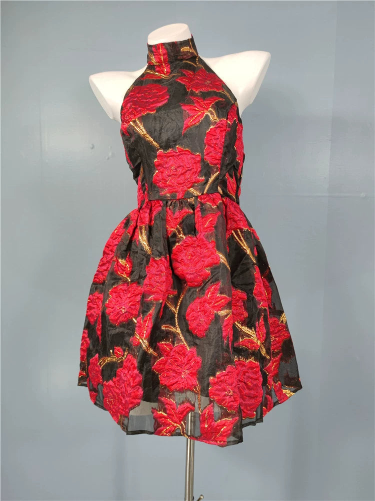 JACQUARD HALTER BACKLESS A-LINE MINI DRESS
