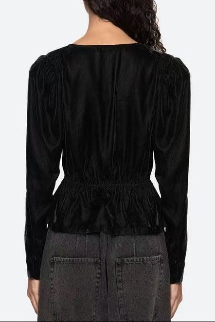 WALLIS BLACK VELVET V-NECK BOW TOP