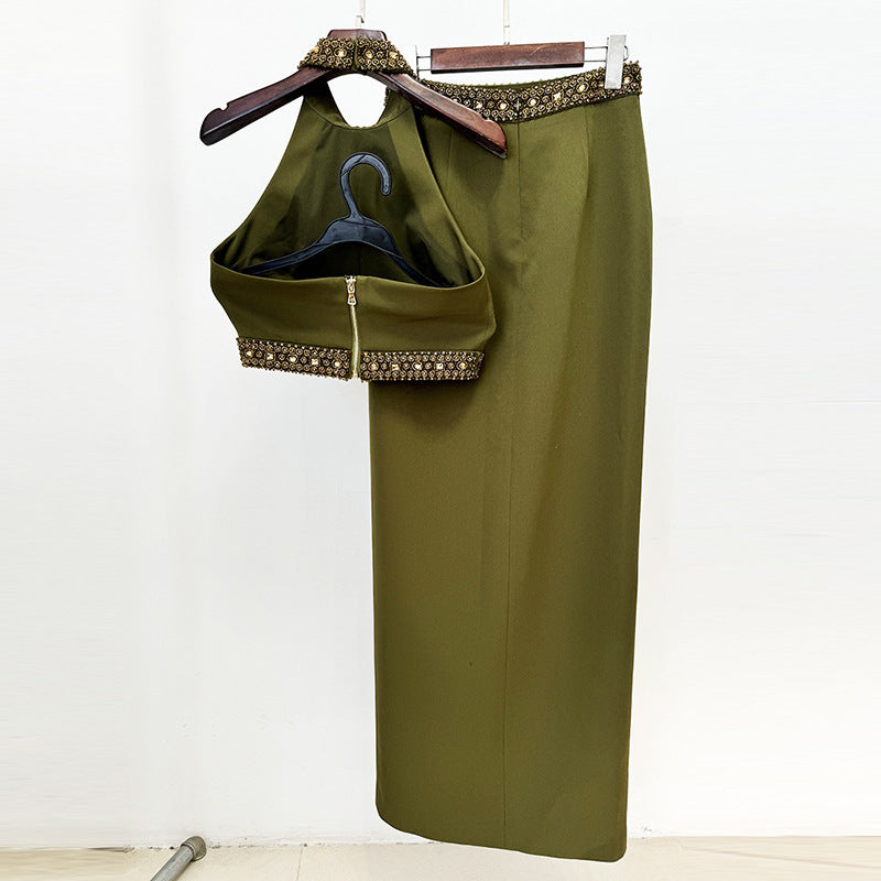 BEADED HALTER TOP & SLIT SKIRT SUIT GREEN