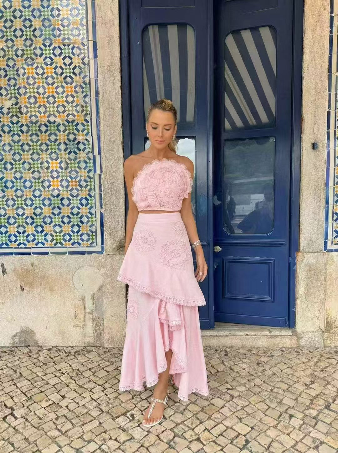 NINA RUFFLED STRAPLESS TOP MERMAID SKIRT SET - PINK