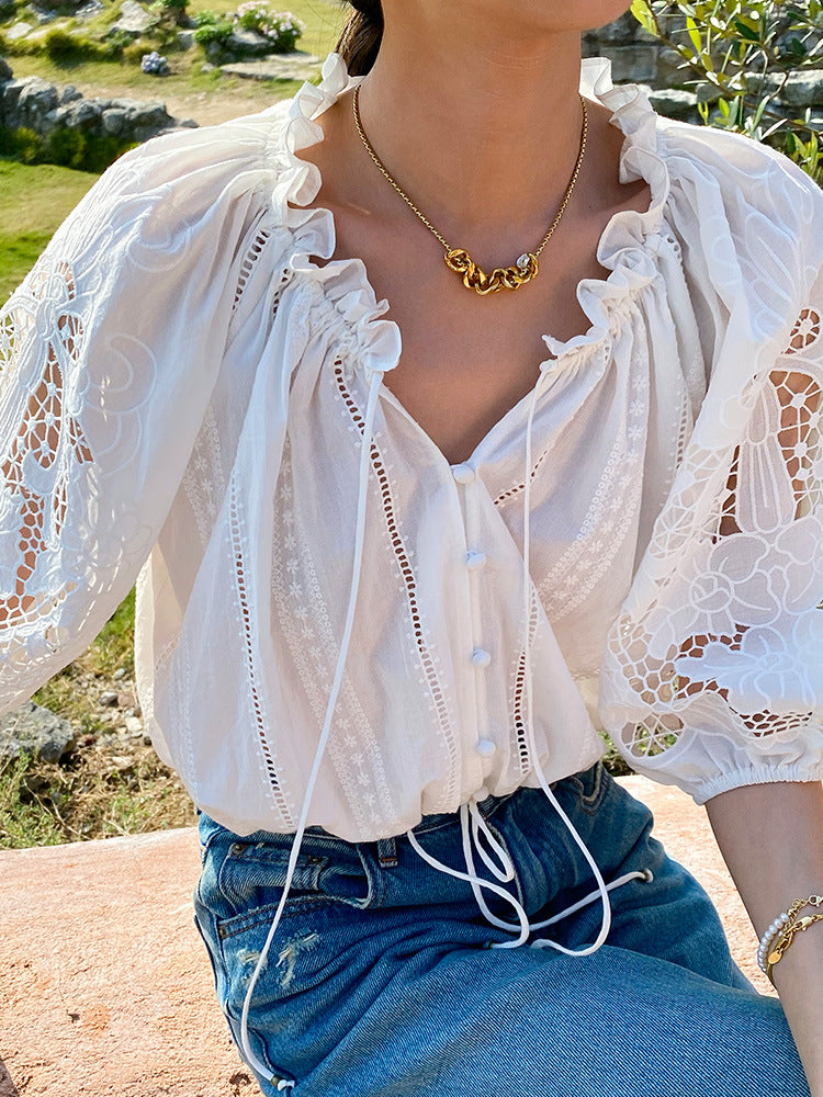 WHITE EYELET TIERED MAXI DRESS WITH PUFF SLEEVES