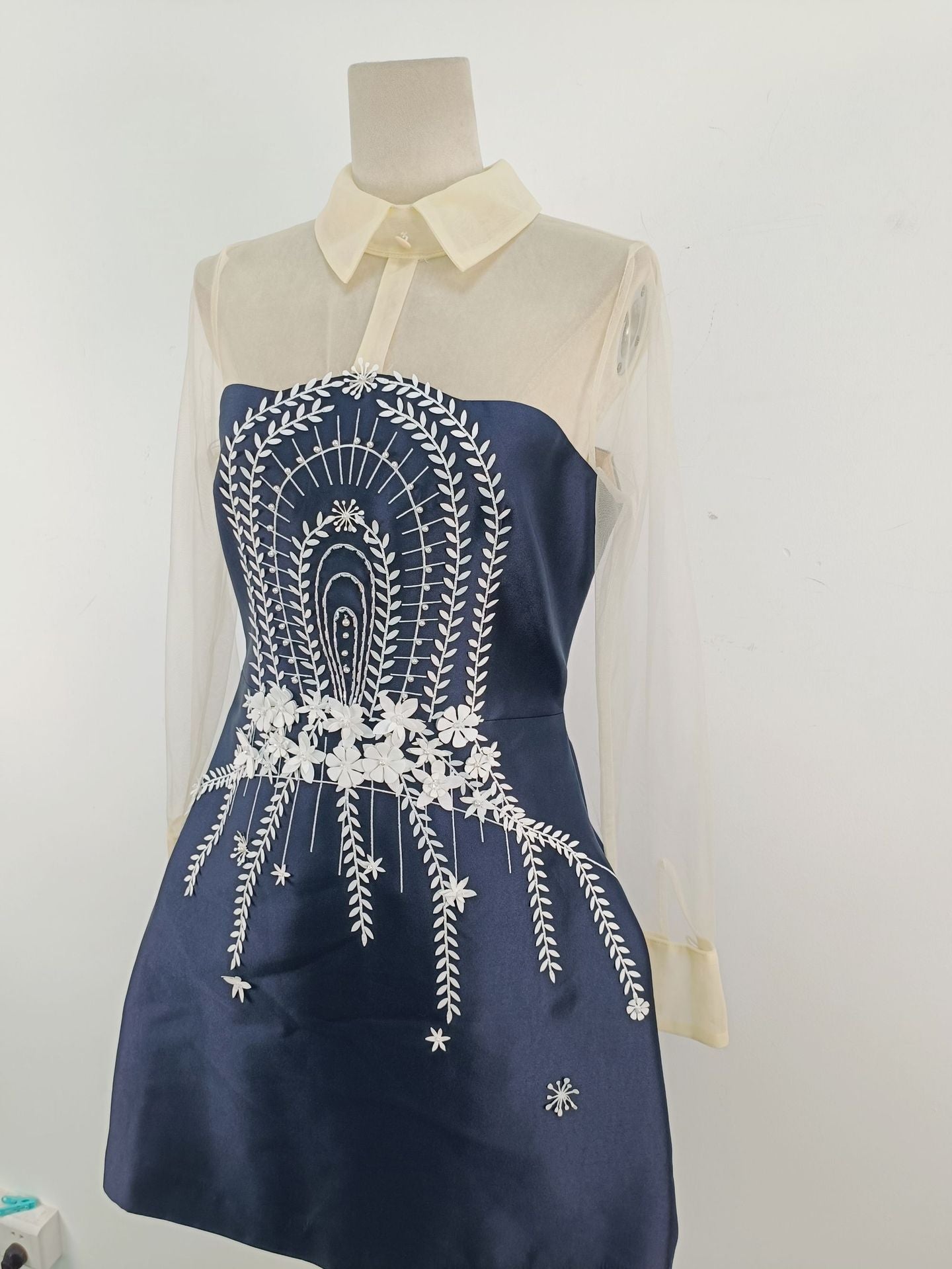 EMBROIDERED TULLE MINI DRESS, DARK BLUE, WEDDING GUEST