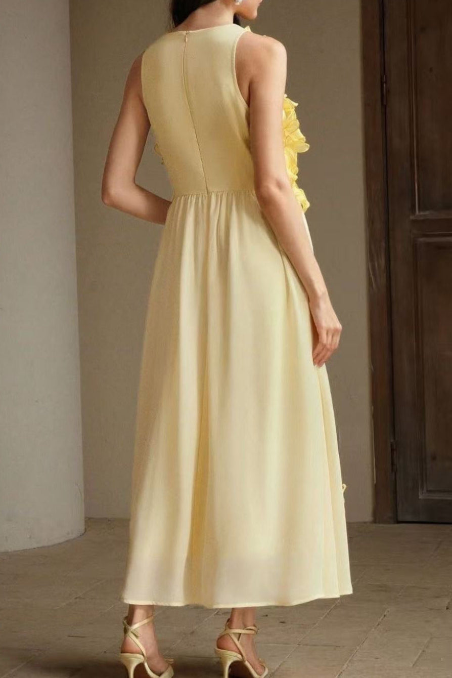 3D FLOWER SLEEVELESS YELLOW MAXI DRESS FOR WEDDING GUEST