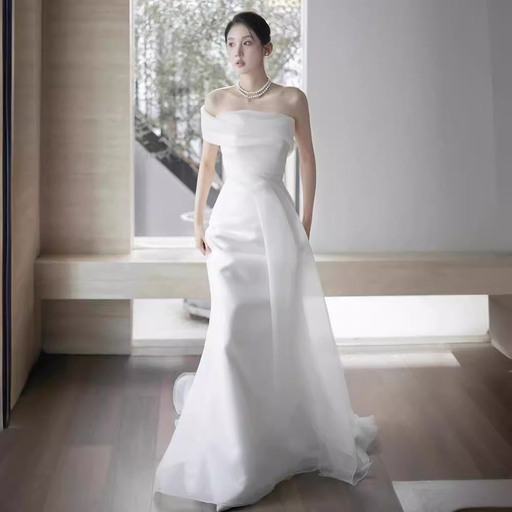 ELEGANT WHITE FRENCH ONE-SHOULDER MERMAID MAXI DRESS