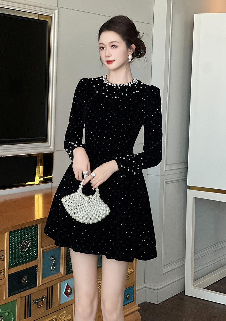SHEILA BLACK BEADED RHINESTONE FLARED MINI COCKTAIL DRESS