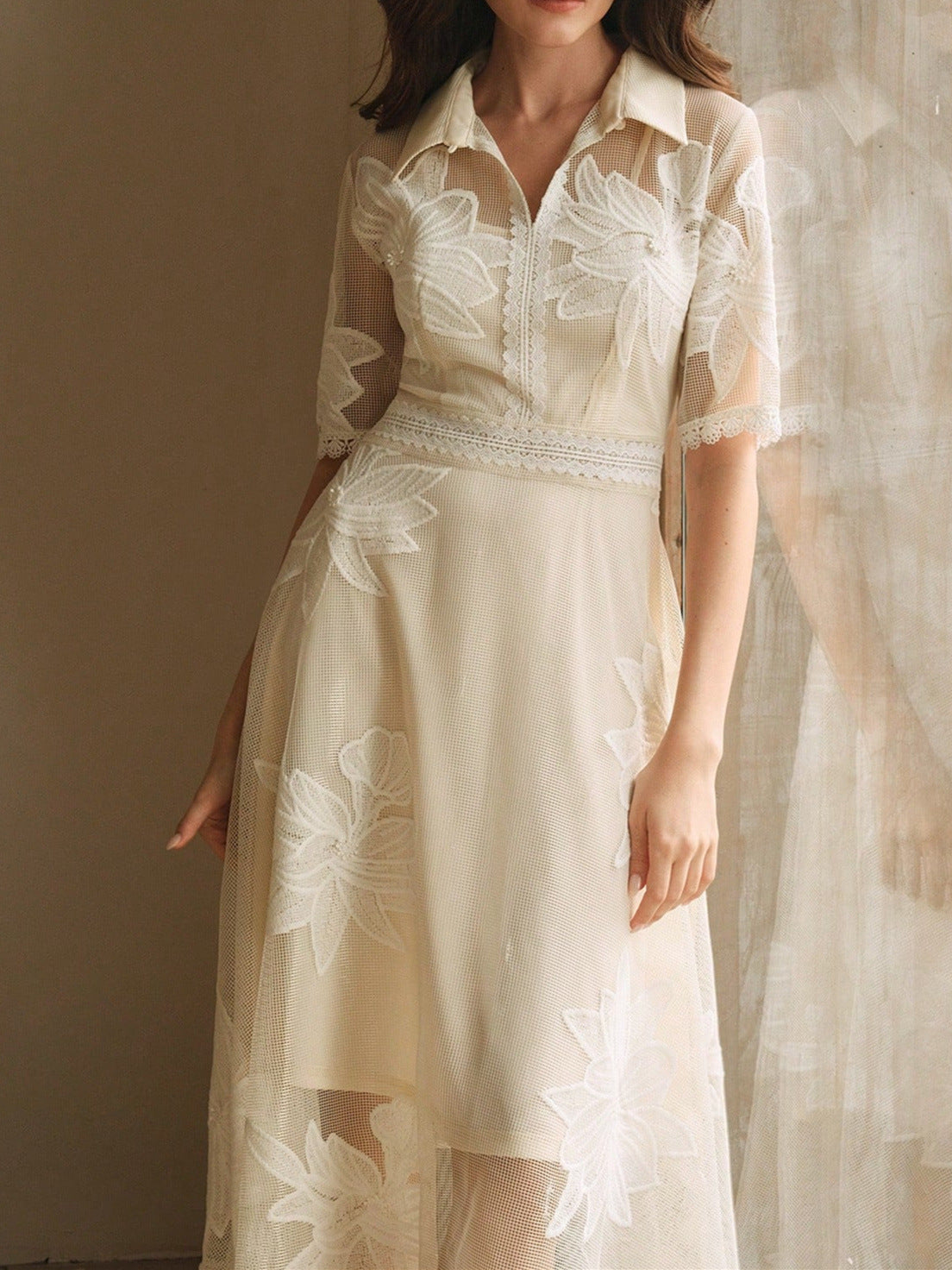 LACE EMBROIDERED SHIRT COLLAR MIDI DRESS APRICOT