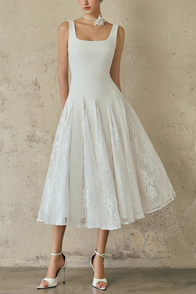 KITTY SQUARE NECK LACE MAXI DRESS IN WHITE
