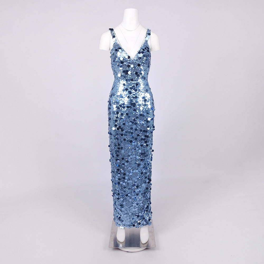 ROBERTA SEQUIN DEEP V-NECK COLUMN GOWN BLUE
