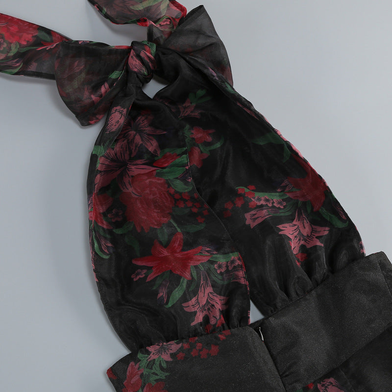 GEORGIA FLORAL HALTER RUFFLE MAXI DRESS BLACK