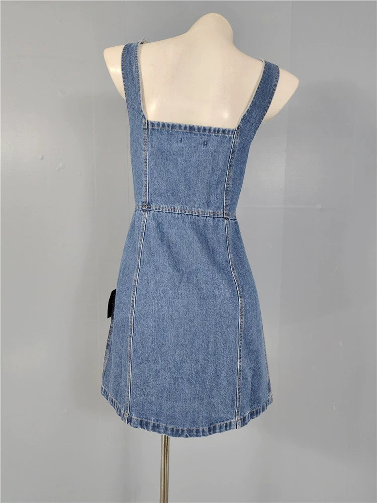DENIM SQUARE NECK SUSPENDER SLIM MINI DRESS