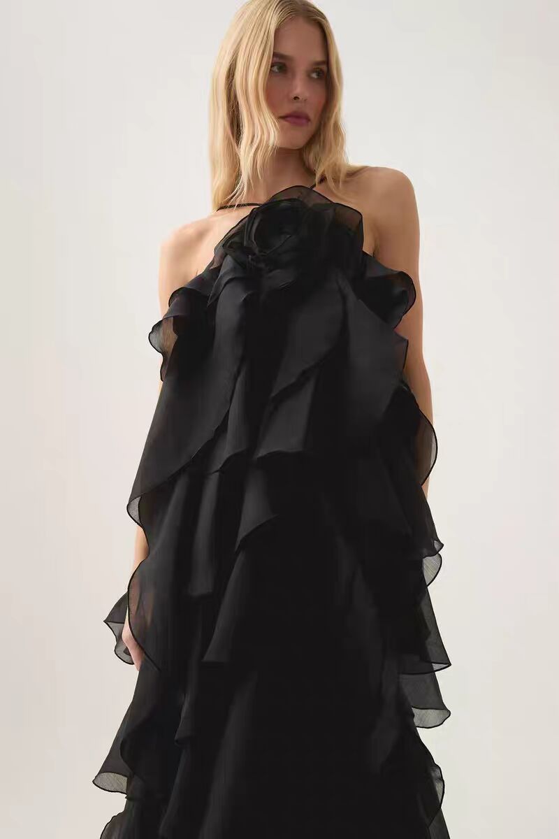 HALTERNECK FLOUNCED MAXI DRESS BLACK