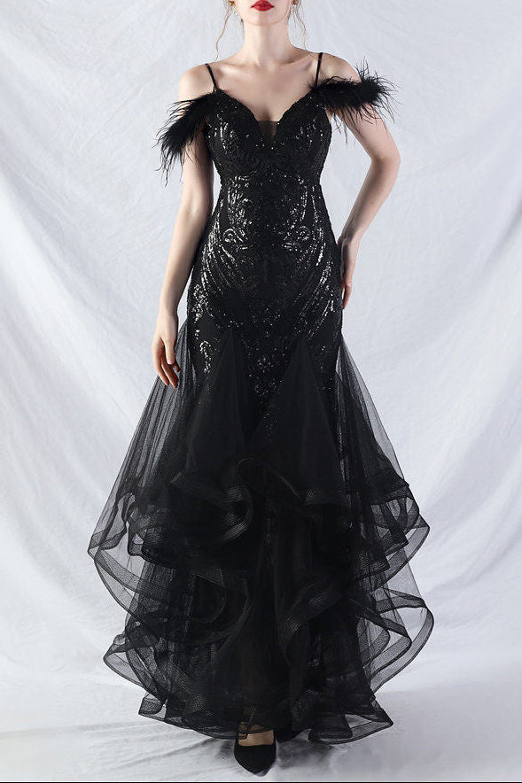 FEATHER SEQUIN STRAPLESS TULLE MAXI DRESS