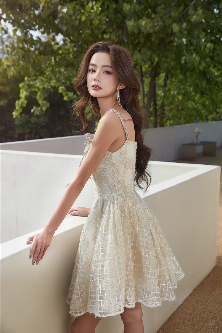 BEIGE SQUARE NECK LACE SLEEVELESS COCKTAIL DRESS