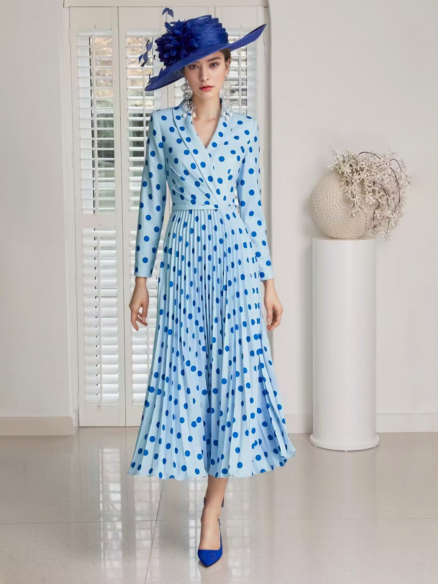 BLUE POLKA DOT V-NECK PLEATED MIDI DRESS