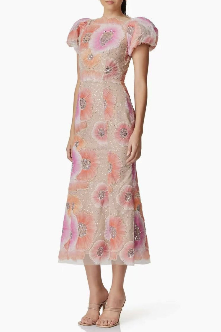 LYDIA PUFF SLEEVE FLORAL MIDI DRESS PINK