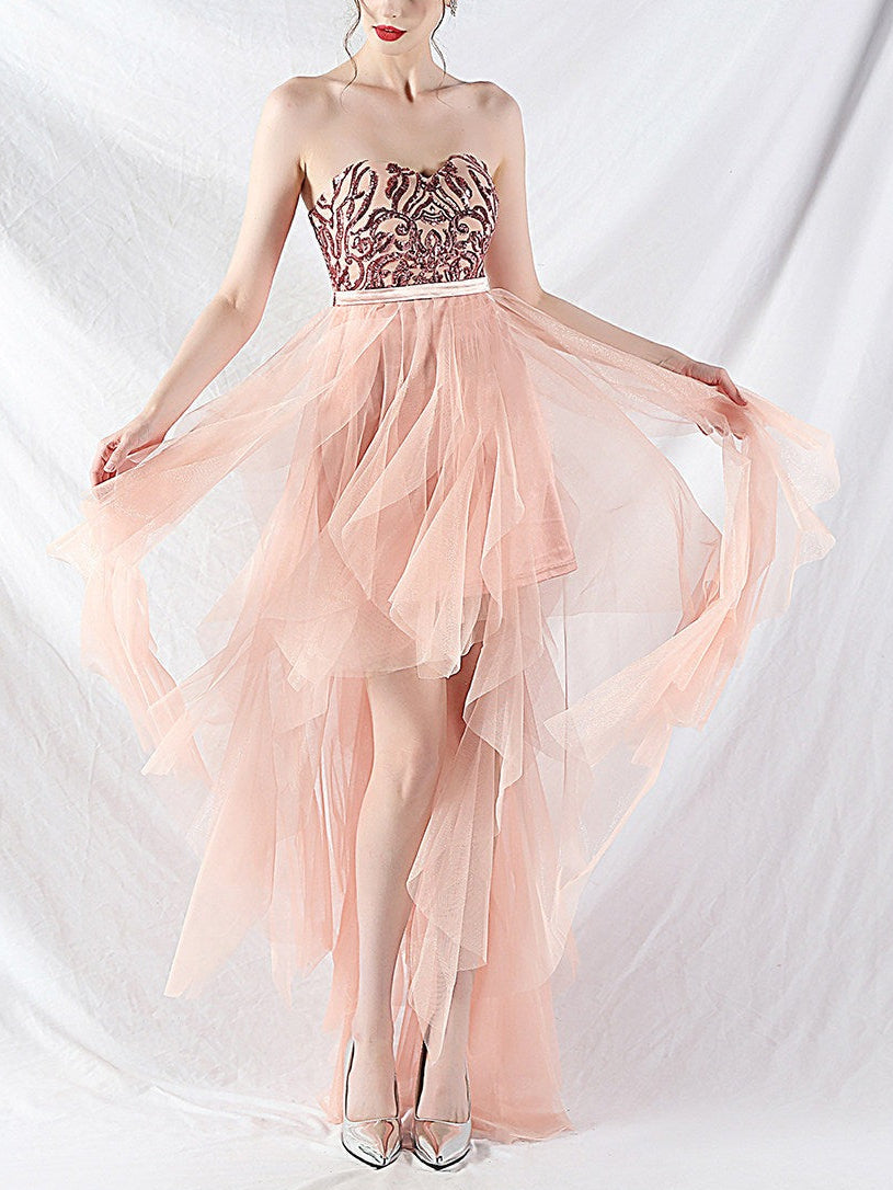 STRAPLESS FEATHER TULLE MIDI DRESS FOR PARTY