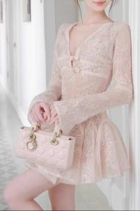 EILEEN PINK LACE A-LINE MINI DRESS