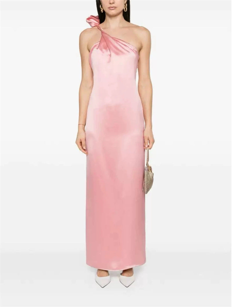YVONNE ONE-SHOULDER 3D FLOWER SATIN MAXI DRESS PINK