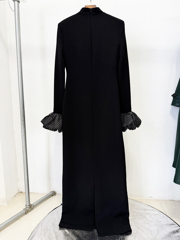 RACHEL BLACK RUFFLED CRYSTAL GOWN, MOCK NECK FORMAL