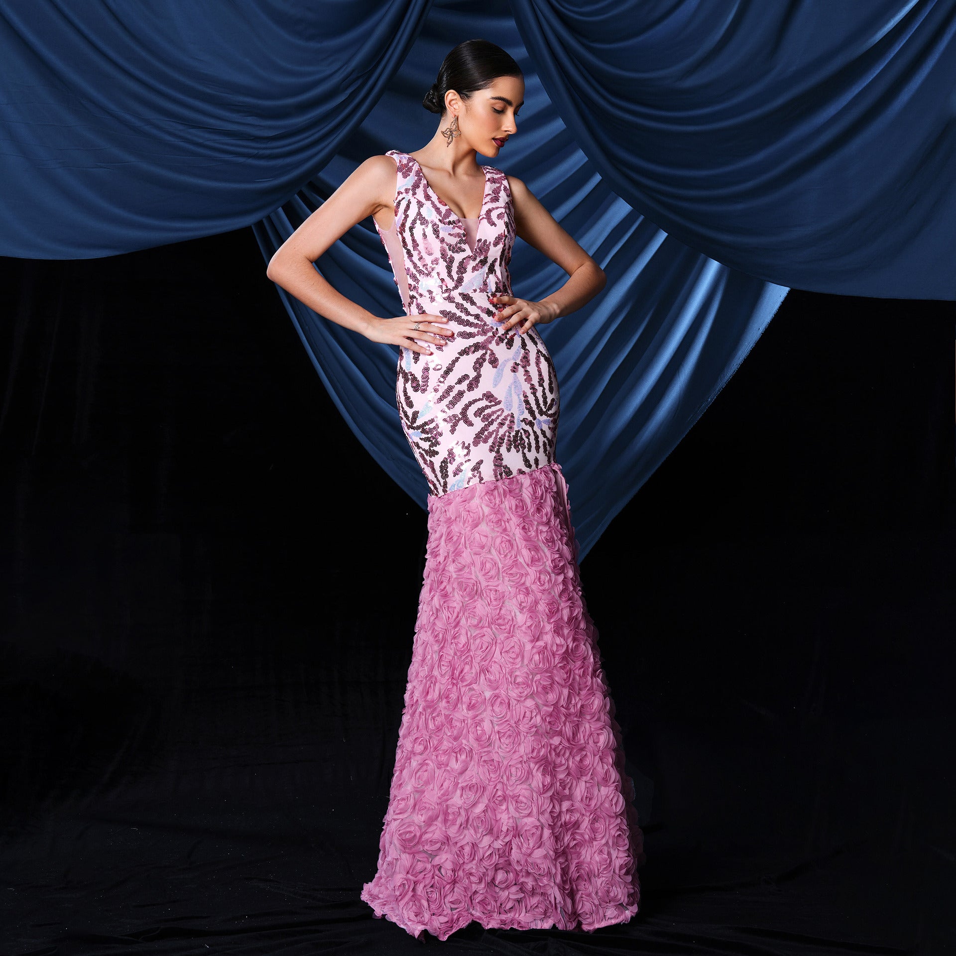 FLORAL SEQUIN SPLIT MAXI DRESS, PINK PARTY GOWN