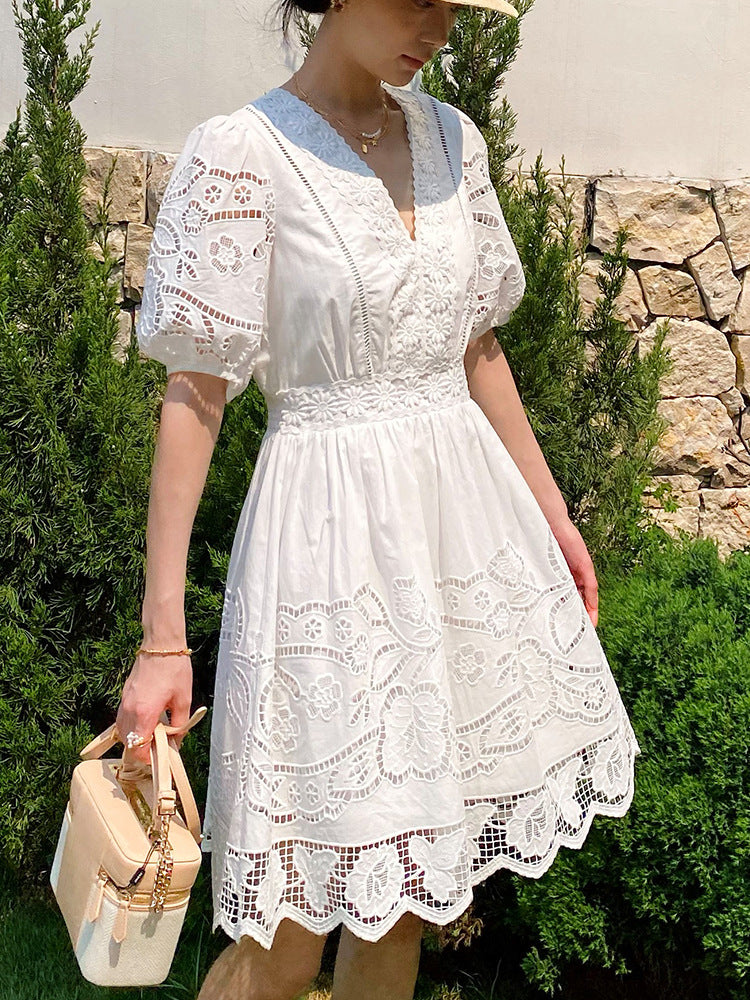 WHITE OPENWORK EMBROIDERED PETITE V-NECK SHORT DRESS