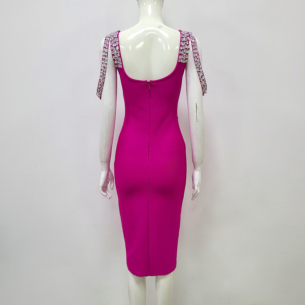 CRYSTAL BANDAGE MIDI DRESS HOT PINK PARTY