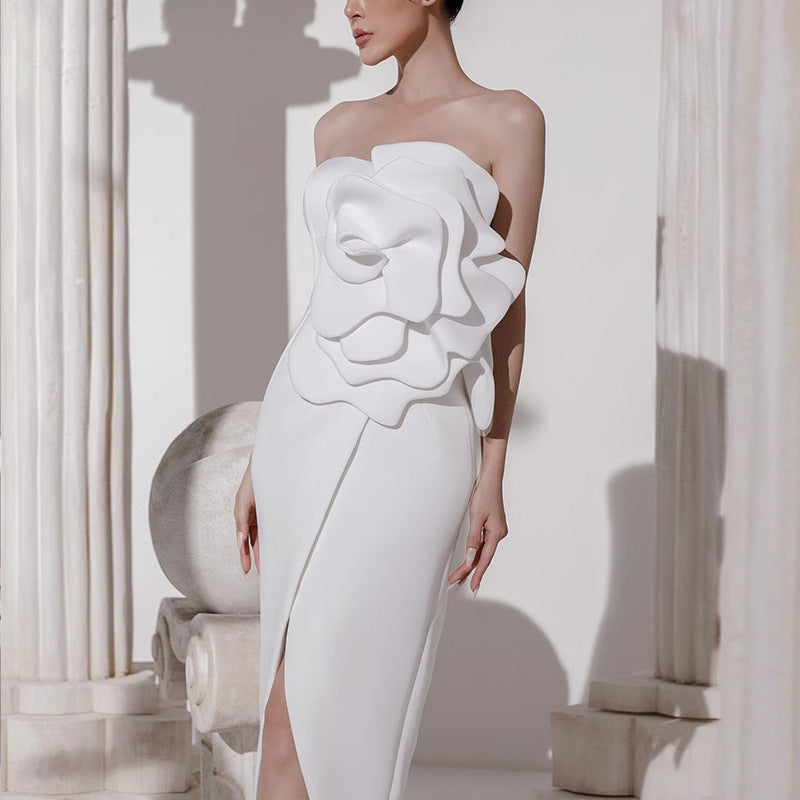 VALERY 3D FLOWER SLIT MIDI DRESS WHITE