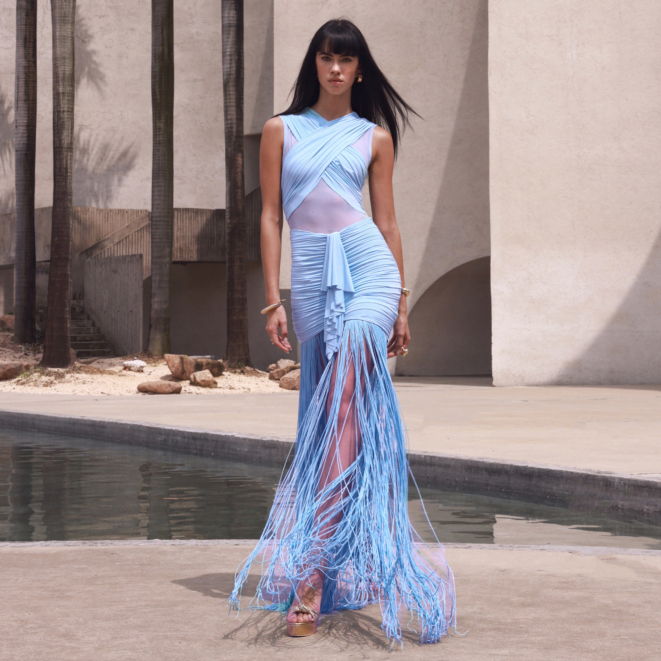 FRINGE MESH RUCHED MAXI DRESS, PARTY READY
