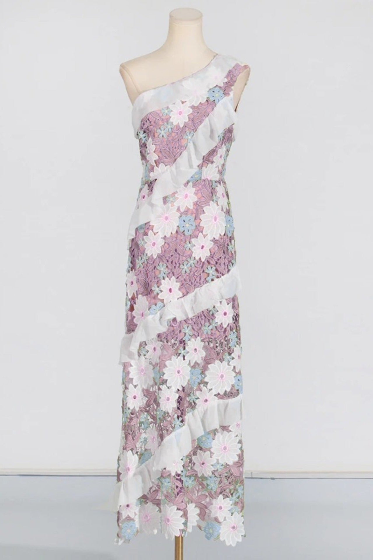 PURPLE FLORAL ONE SHOULDER LACE MAXI DRESS