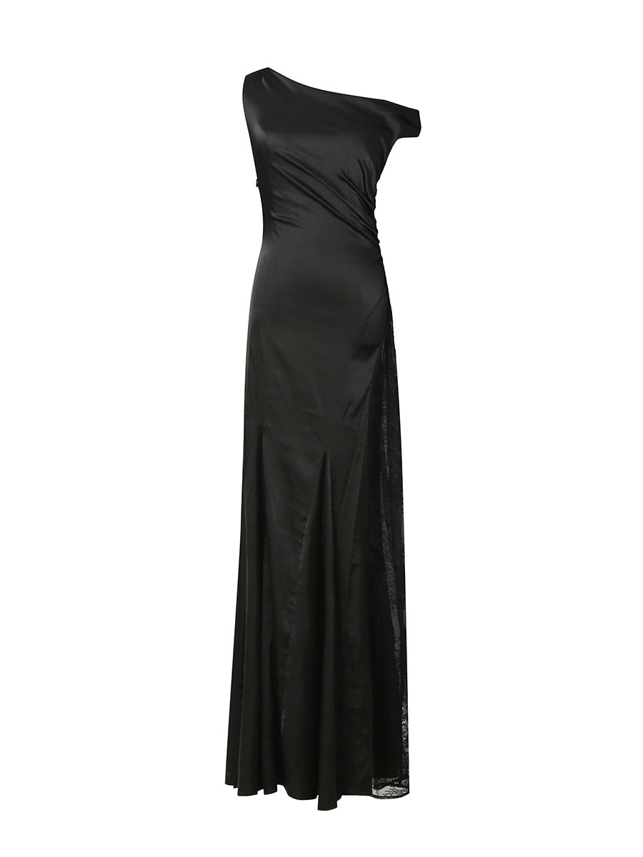 ELEGANT BLACK ASYMMETRICAL PLEATED MAXI DRESS WITH LACE SIDE SLIT