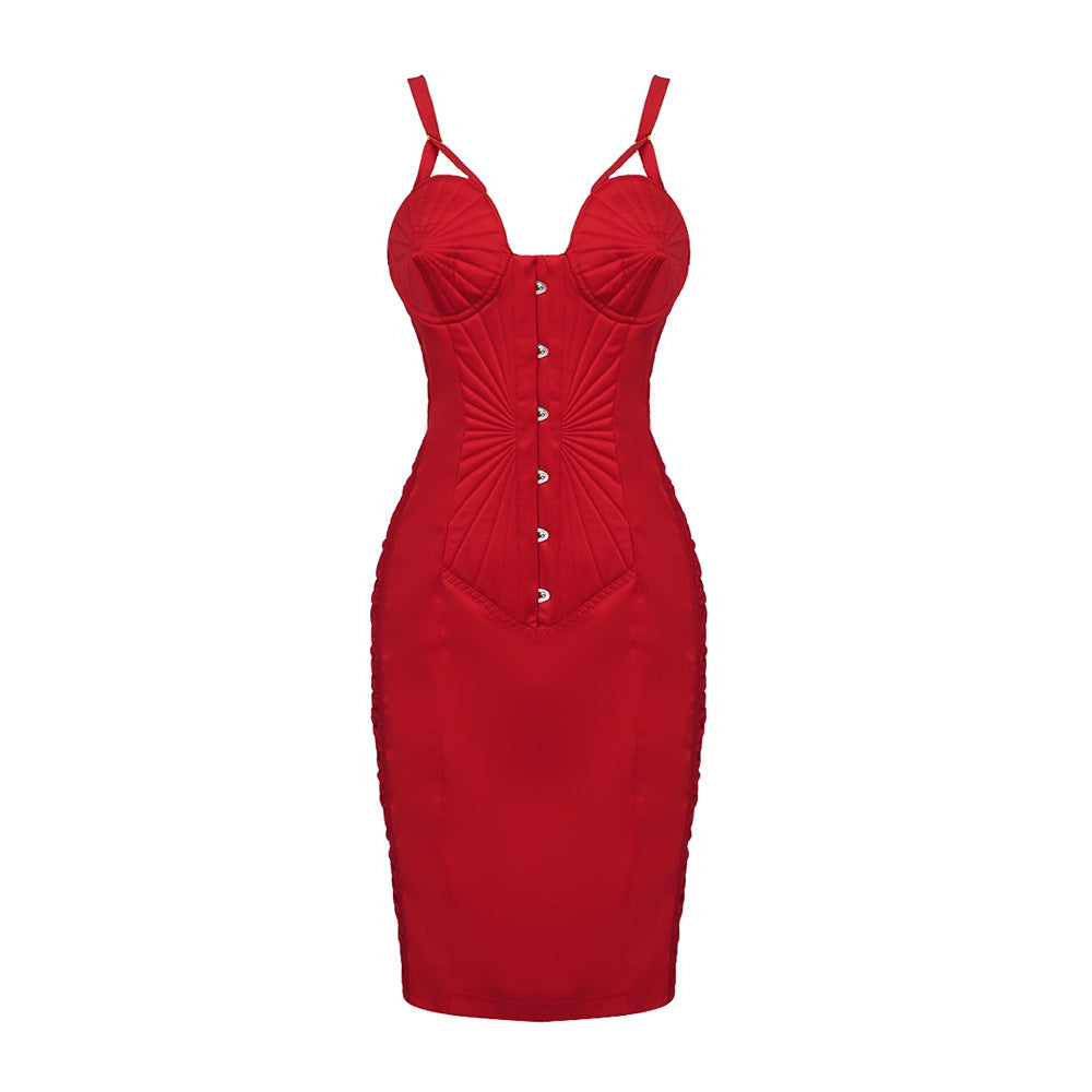 RED SATIN BODYCON CORSET MINI DRESS FOR PARTY