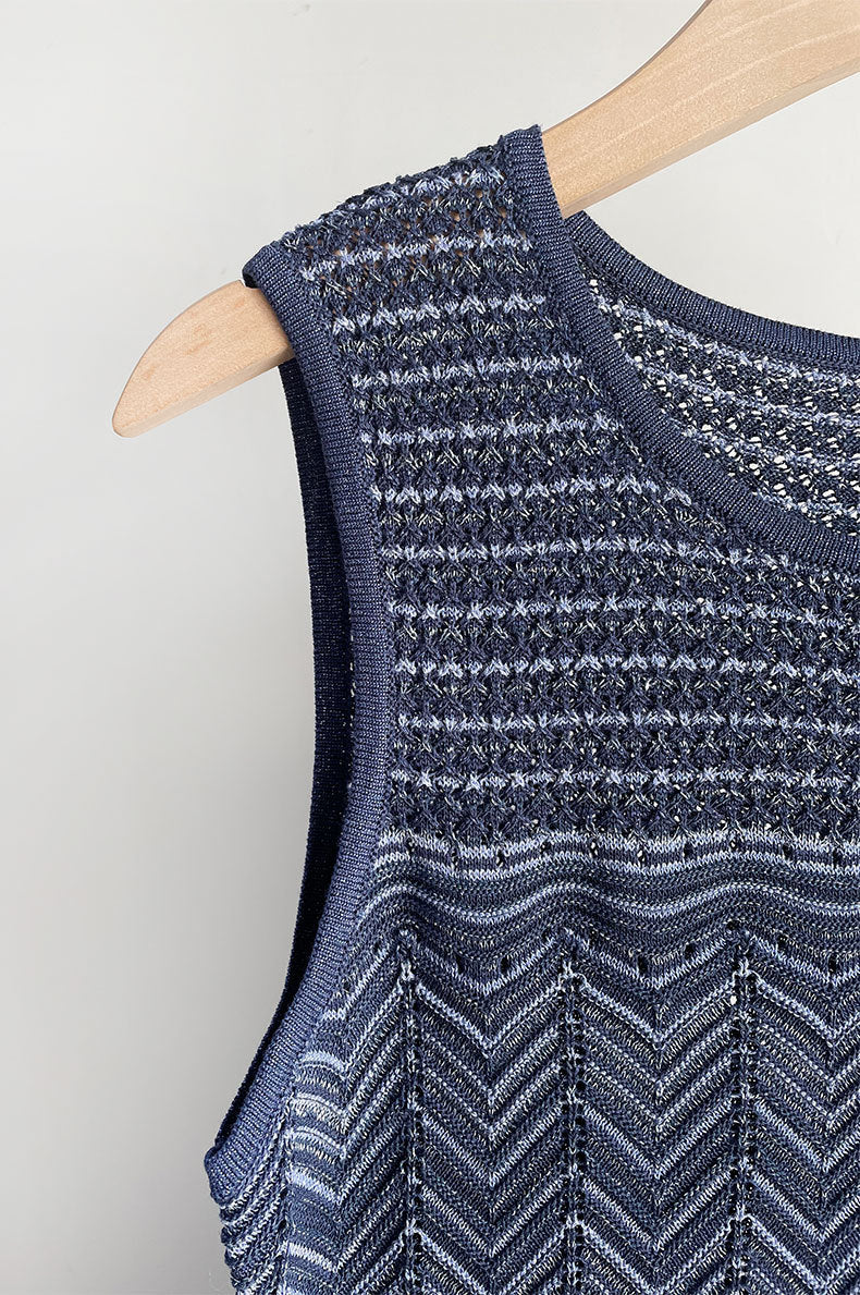 HOLLOW STRIPED SLEEVELESS KNIT MIDI DRESS, ROYAL BLUE