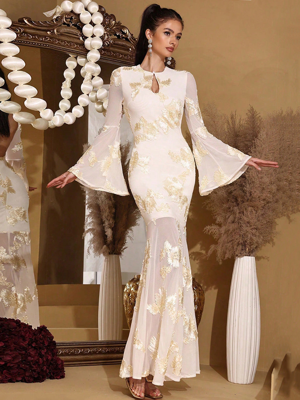 TRUMPET SLEEVE MESH EMBROIDERY BODYCON MAXI DRESS YELLOW