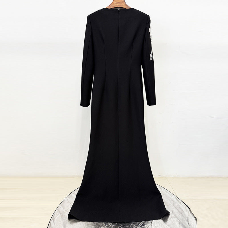 RHINESTONE ORCHID MAXI DRESS, BLACK, FORMAL