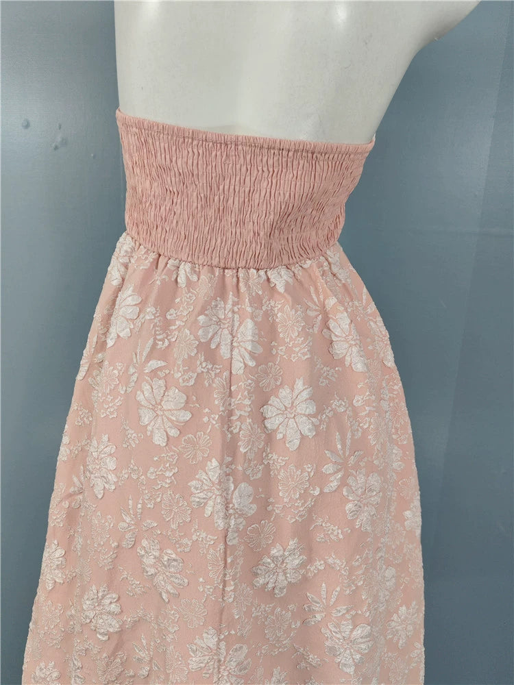 PINK JACQUARD HALTERNECK OPEN BACK SWING MIDI DRESS