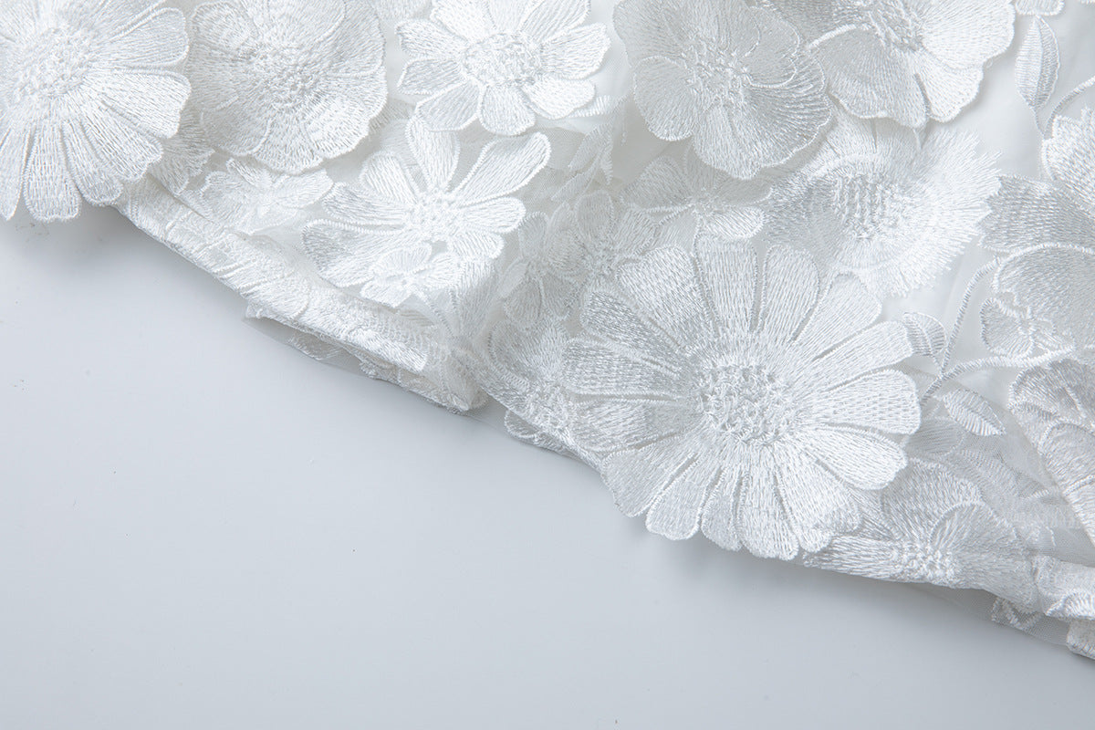 WHITE 3D FLORAL LACE MINI DRESS FOR WEDDING GUEST