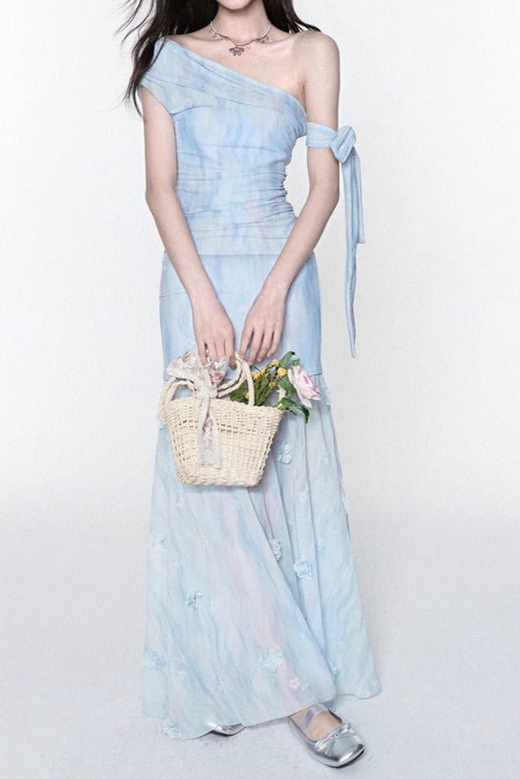 ROSALIND ONE-SHOULDER PLEATED BLUE MAXI DRESS