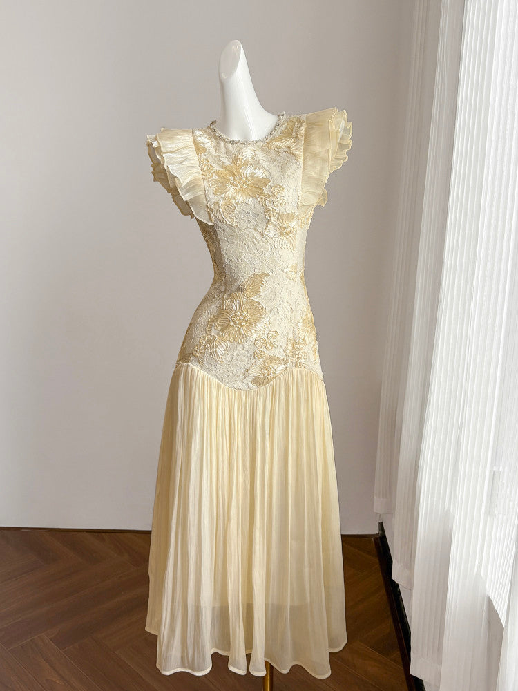 CREAM LACE MAXI DRESS WITH RUFFLED SLEEVES