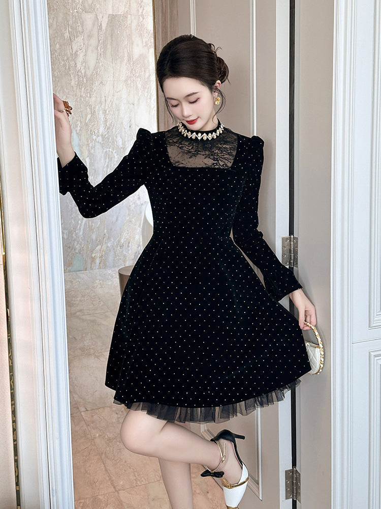 WENDY VELVET POLKA DOT MINI DRESS, BLACK, LONG SLEEVE