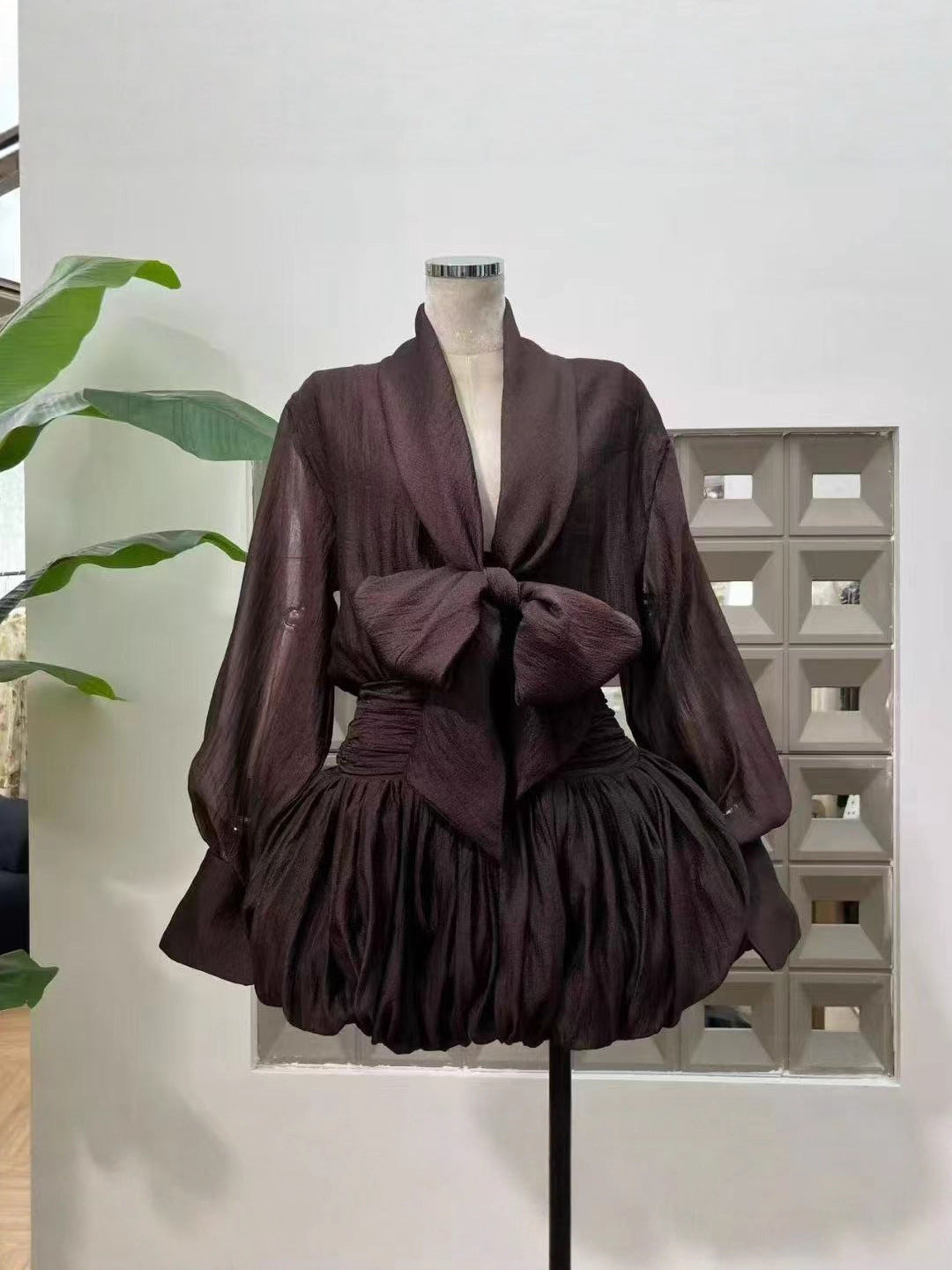 VIOLA DARK BROWN TIE-NECK BOW MINI SHIRT DRESS