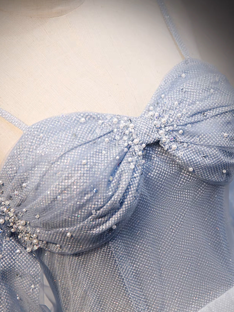 A-LINE OFF-SHOULDER TULLE GRAY BLUE PROM DRESS