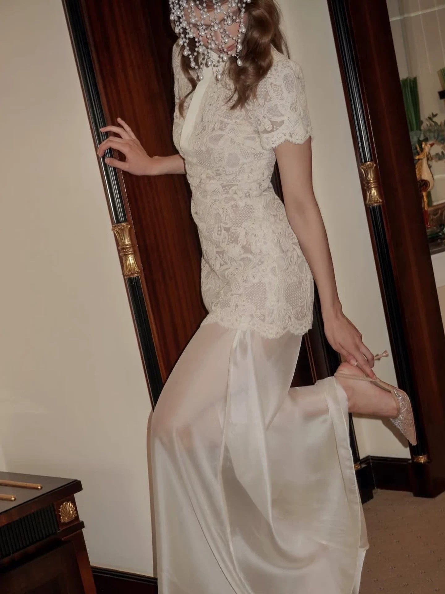 BEIGE LACE OVERLAY MAXI DRESS, COLLARED ORGANZA SKIRT, FORMAL