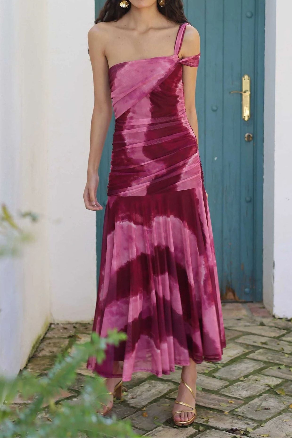 TIE-DYE OFF-SHOULDER RUCHED MIDI DRESS FOR PARTY