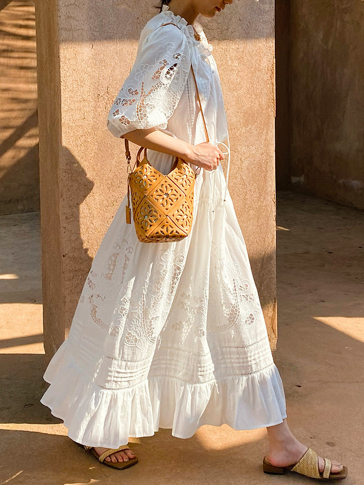 WHITE EYELET TIERED MAXI DRESS WITH PUFF SLEEVES