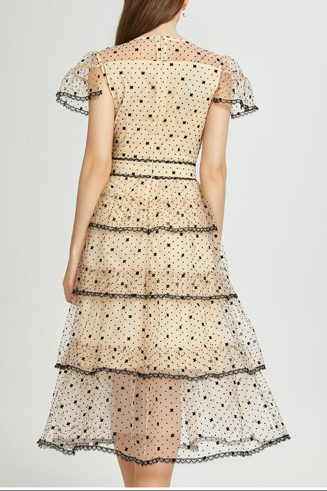 FLORAL EMBROIDERY PLEATED MESH MIDI DRESS APRICOT