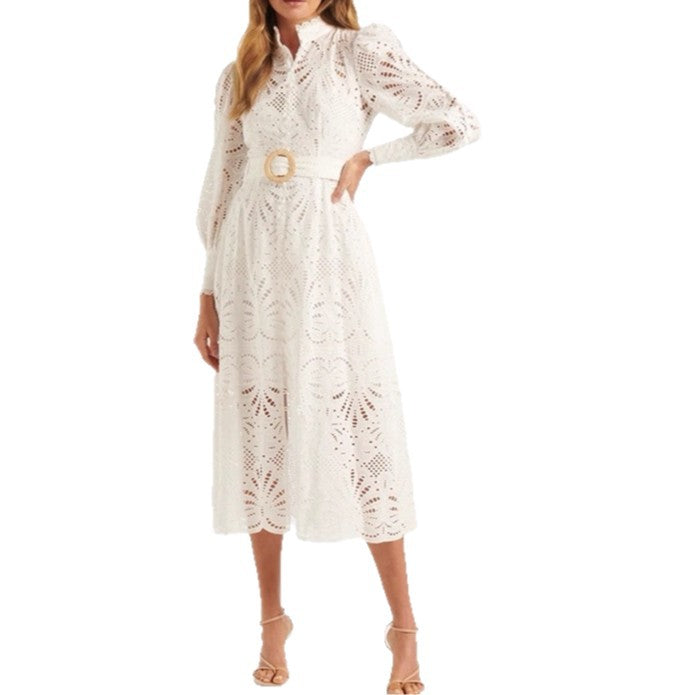 WHITE LACE EMBROIDERY COLLAR WAIST DRESS